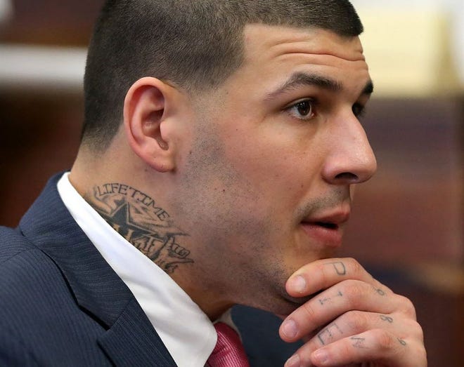 Former New England Patriots football player Aaron Hernandez attended a pre-trial hearing at Suffolk Superior Court in Boston, on Tuesday, Oct. 13.