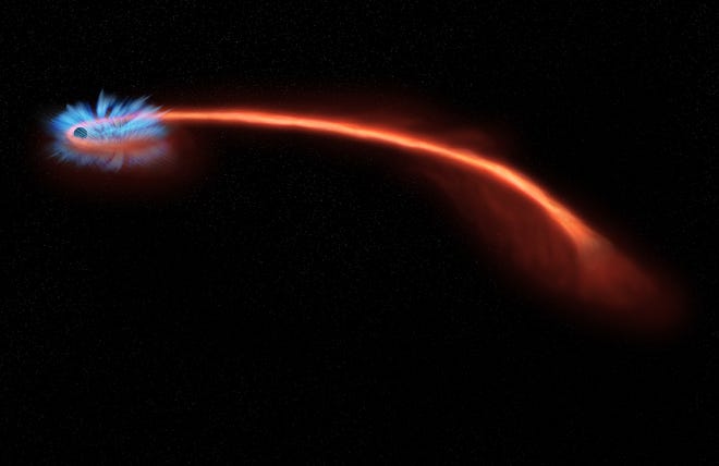 Astronomers have observed material being blown away from a black hole after it tore a star apart, using a trio of X-ray telescopes. The artist's illustration depicts material from a shredded star (reddish-orange streak) that is pulled toward the black hole. The X-ray spectrum obtained with Chandra (inset box) provides information about how material starts falling toward the black hole, plus evidence for a wind carrying some of the material away from the black hole.