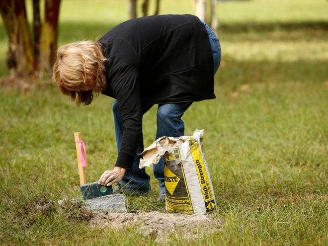 Karen Kirkman, an elder with the Kanapaha Presbyterian Church, uses an app on her cellphone to make sure the marker she installed is level for an unknown grave in the church's cemetery.