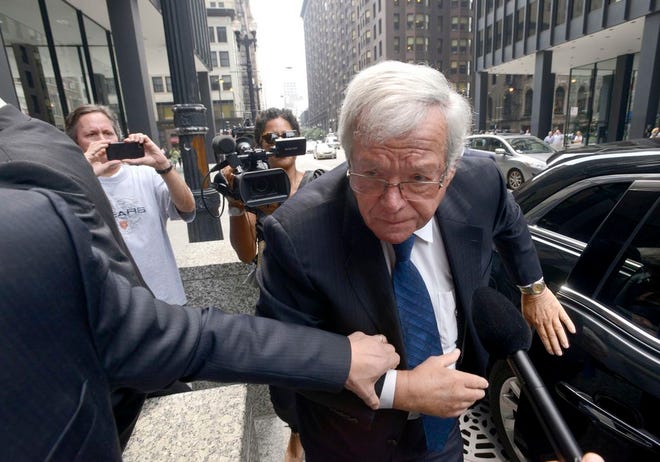FILE - In this June 9, 2015 file photo, former House Speaker Dennis Hastert arrives at the federal courthouse in Chicago. Hastert is scheduled to step before a federal judge Wednesday Oct. 28, 2015 to change his plea to guilty in a hush-money case that alleges he agreed to pay someone $3.5 million to hide claims of past misconduct by the Illinois Republican. The hearing in Chicago will be Hastert’s first court appearance since June, when he pleaded not guilty to violating banking law and lying to FBI investigators. His change of plea is part of a deal with prosecutors. (AP Photo/Paul Beaty, File)