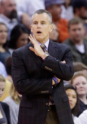 Oklahoma City Thunder coach Billy Donovan shouts to his team in the first half of a preseason game against the Utah Jazz on Oct. 20 in Salt Lake City. (AP Photo/Rick Bowmer)