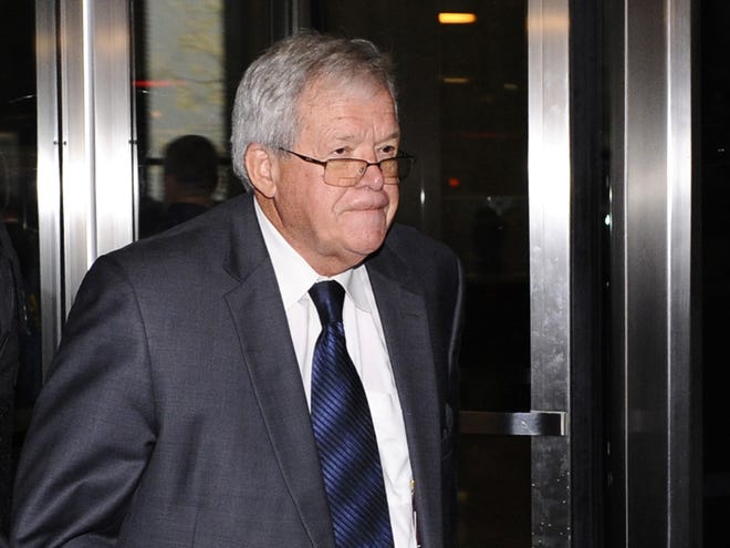 Former U.S. House Speaker Dennis Hastert leaves the federal courthouse Wednesday in Chicago, where he changed his plea to guilty in a hush-money case that alleges he agreed to pay someone $3.5 million to hide claims of past misconduct.