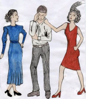 A drawing inspired by the comedy “Oh Promise Me” by WHS senior Elise McCormack-Kuhman. It represents how Barry Hollis gets himself in a humorous dilemma with characters Patsie Linden and Gladys Vance.