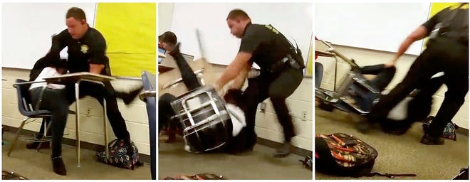 This three image combo made from video taken by a Spring Valley High School student on Monday, Oct, 26, 2015, shows Senior Deputy Ben Fields trying to forcibly remove a student from her chair after she refused to leave her high school math class, in Columbia S.C. The Justice Department opened a civil rights investigation Tuesday after Fields flipped the student backward in her desk and tossed her across the floor. (AP Photo)