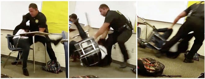 This three-image combo made from video taken by a Spring Valley High School student on Monday shows Senior Deputy Ben Fields trying to forcibly remove a student from her chair after she refused to leave her high school math class, in Columbia S.C. The Associated Press