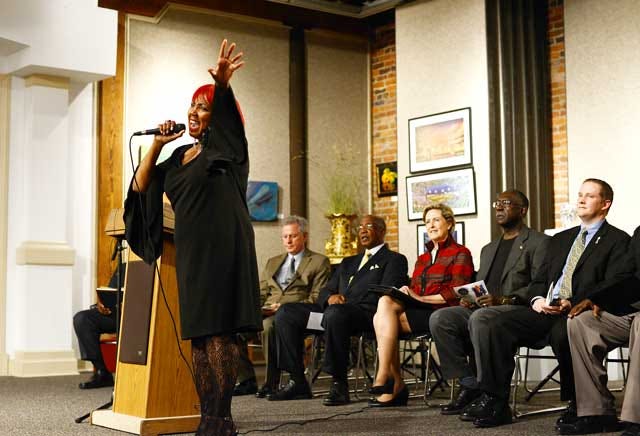 Lessette Kornegay, vocalist, performs at the dedication ceremony for the Kinston Music Park: Celebrating our African American Music Heritage, on Wednesday at the Community Council for the Arts.