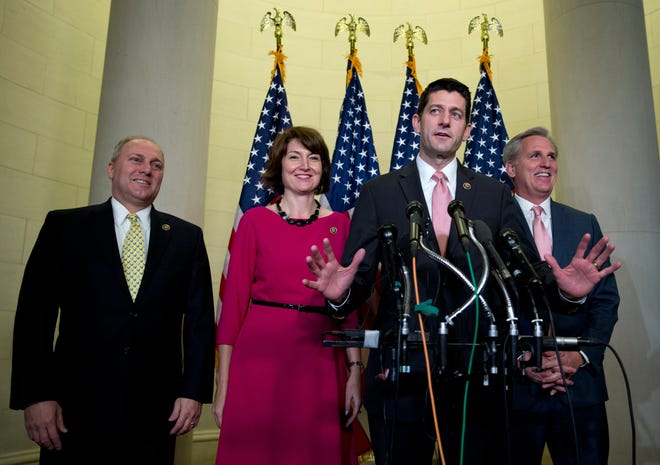 Rep. Paul Ryan, R-Wis., joined by, from left, House Majority Whip Steve Scalise of La.,, Rep. Cathy McMorris Rodgers, R-Wash., and House Majority Leader Kevin McCarthy of Calif., speaks to media on Capitol Hill in Washington, Wednesday, after a Special GOP Leadership Election. Republicans in the House of Representatives have nominated Ryan to become the chamber's next speaker, hoping he can lead them out of weeks of disarray and point them toward accomplishments they can highlight in next year's elections. (AP Photo/Carolyn Kaster)