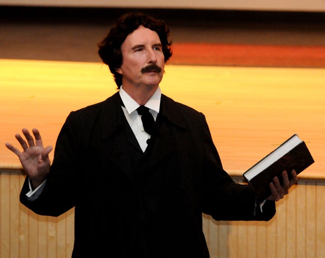 Bob Gleason, of the American Historical Theater, performs as 19th-century novelist and poet Edgar Allan Poe at the Burlington County Library in Westampton on Thursday, Oct. 29, 2015.