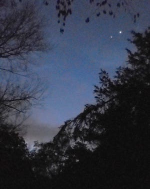 Be sure to see Venus and Jupiter in the east, about an hour before dawn. This was taken October 24 when Venus was higher up; Venus is now below Jupiter. Mars, which is a lot fainter and reddish, is currently close to Venus.

Photo by Peter Becker