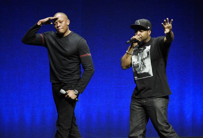 F.W.A. members Dr. Dre, left, and Ice Cube, two of the subjects of the biographical drama "Straight Outta Compton," at CinemaCon 2015 in Las Vegas. File Photo/The Associated Press