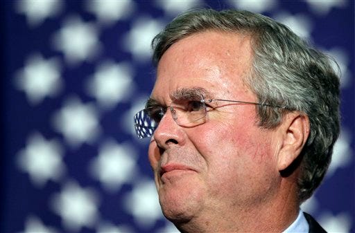 In this Oct. 6, 2015, file photo, Republican presidential candidate former Florida Gov. Jeb Bush speaks during the Scott County Republican Party's Ronald Reagan Dinner in Davenport, Iowa. Medical records released by Bush indicate the 62-year-old Republican presidential candidate is "healthy and vigorous" and in condition to serve as president if elected. An affidavit signed by Bush's doctor says the former Florida governor takes cholesterol medication. Dr. Alberto A. Mitrani says Bush's blood pressure and weight have dropped due to dieting and exercise, putting him in "excellent physical and mental condition." -AP Photo/Charlie Neibergall, File
