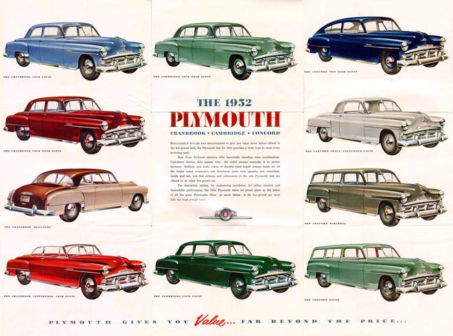 Here’s a 1952 Plymouth full model brochure featuring all of the models, including the Cranbrook sedans, coupes and wagons. (Chrysler Group LLC)