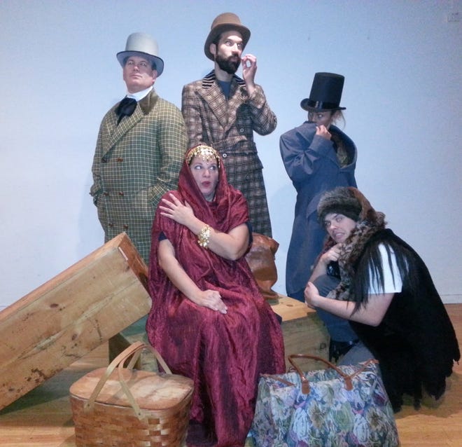 The Cast of Rogue Theatre's comedy adventure "Around the World in 80 Days" includes (seated) Lisa Beausoleil of Middleboro as Princess Aouda, (kneeling) Julius Billeter of Hopkinton as Mudge, (standing L - R) are Jeff Kent of Abington as Fogg, Andy Riel of Plymouth as his manservant Passepartout, and Dominique Grant of Providence/Middleboro as Detective Fix. The play is directed by Matthew Bruffee and assisted by John Beausoleil and Victoria Bond (all of Middleboro). Submitted