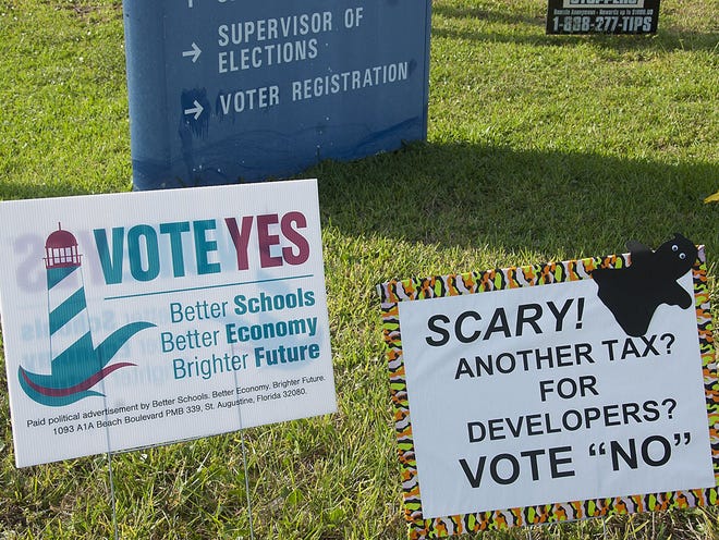 Signs for and against the 1/2-cent sales tax referendum are posted in front of the St. Johns County Supervisor of Elections office on election day.