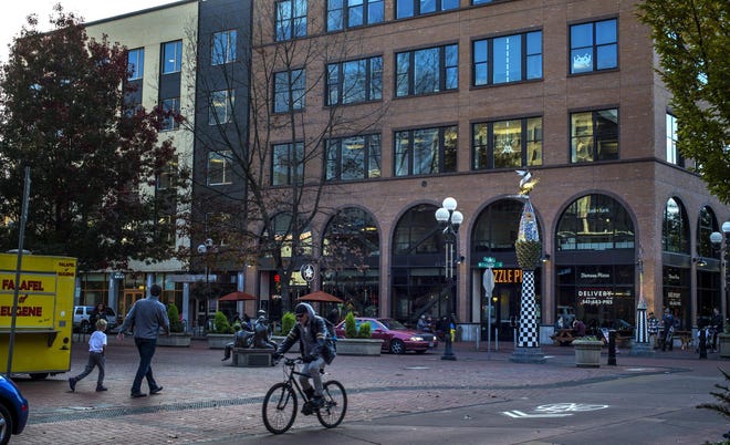 Broadway Plaza, also known as Kesey Square, as it looks today. A six-story building is proposed for the downtown square. (Andy Nelson/The Register-Guard)