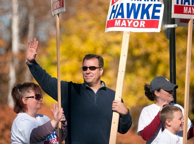 Gardner Mayor Mark Hawke campaigns in Monument Park on Tuesday. T&G Staff/Rick Cinclair