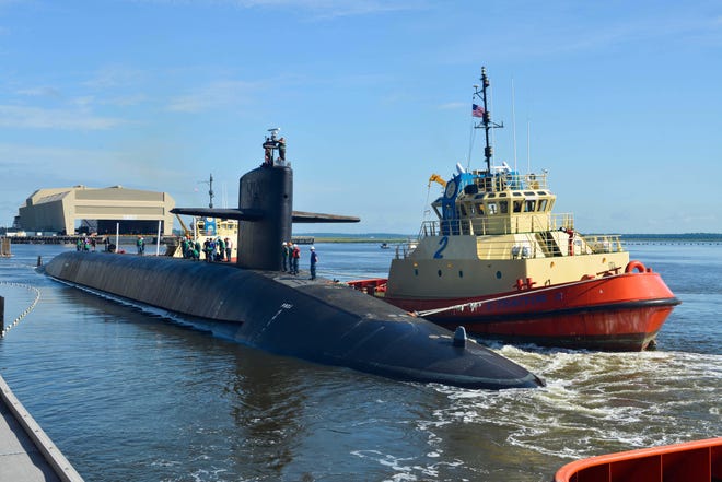 The Ohio-class ballistic missile submarine USS Tennessee (SSBN 734) departs Naval Submarine Base Kings Bay to conduct routine operations.