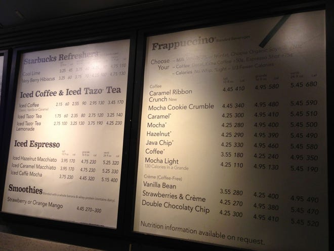 A menu board showing calorie counts hangs at a Starbucks in New York. Tracking calories at chain restaurants is supposed to become easier next year, but new studies raise questions about whether the counts actually make a difference for diners and eateries. Associated Press File Photo