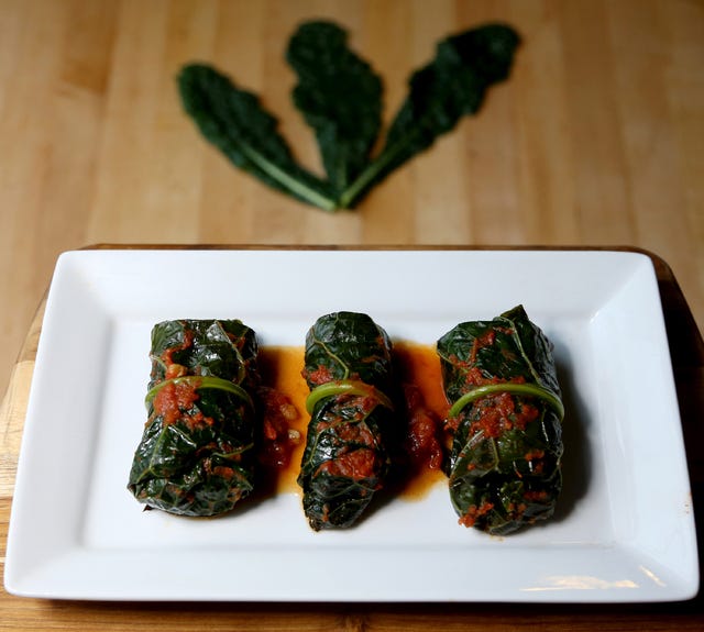 Farro and Mushroom-Stuffed Kale Leaves. (Eric Seals/Detroit Free Press/TNS)