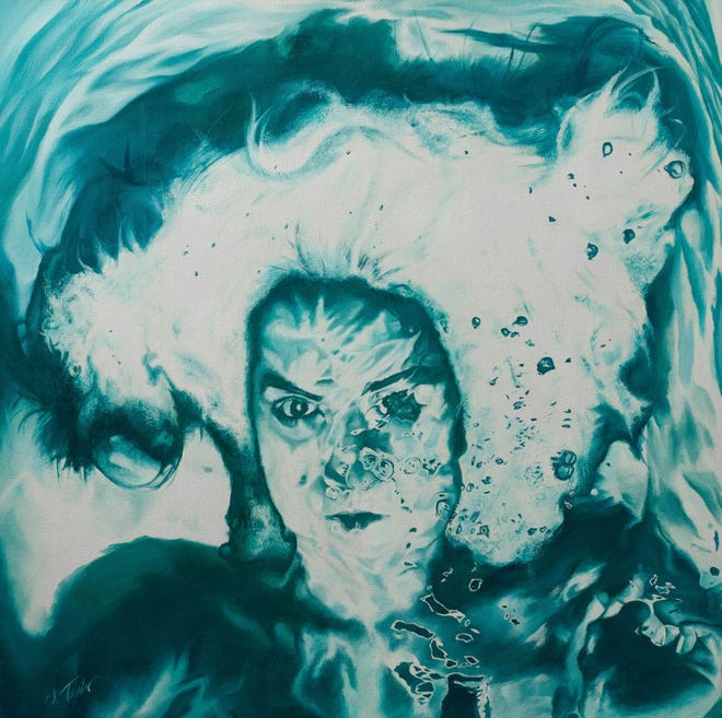 "Bathtub Selfie," painting from photograph of artist underwater, by Jessica Taylor at the Centre for the Arts in Bristol.