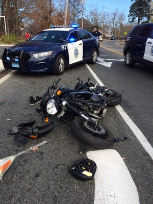 A motorcyclist was injured after colliding with an SUV near Crescent and Lyman streets, Thursday, Nov. 5, 2015.