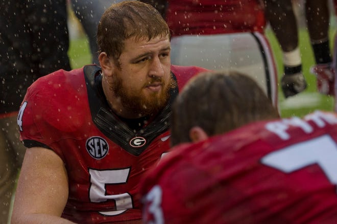 Georgia center Brandon Kublanow (54) on the sidelines near the end of an NCAA football game between the Georgia Bulldogs and the Alabama Crimson Tide in Athens, Ga., on Saturday, October 3, 2015. (Taylor Craig Sutton/Staff, Taylorcraigsutton.com)