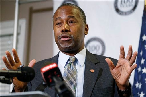 In this Oct. 29, 2015 file photo, Republican presidential candidate Ben Carson speaks in Lakewood, Colo. Carson’s campaign says the Republican White House hopeful was not offered a formal scholarship to the United States Military Academy at West Point as he wrote in his autobiography.