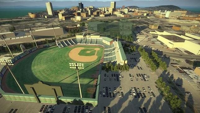 A rendering showing what a ballpark might look like on the Wyman-Gordon site in Worcester.