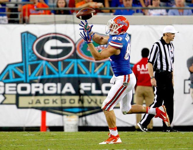 Florida tight end Jake McGee makes a catch against Georgia during the second half last Saturday at EverBank Field in Jacksonville. Florida defeated Georgia 27-3.