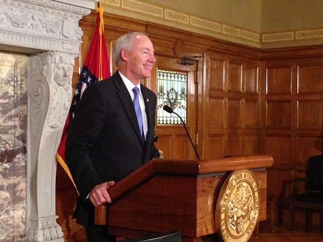 JOHN LYON • ARKANSAS NEWS BUREAU Gov. Asa Hutchinson speaks at the state Capitol on Friday, Nov. 6, 2015, about his plans for a Nov. 15-24 business recruitment trip to China and Japan.