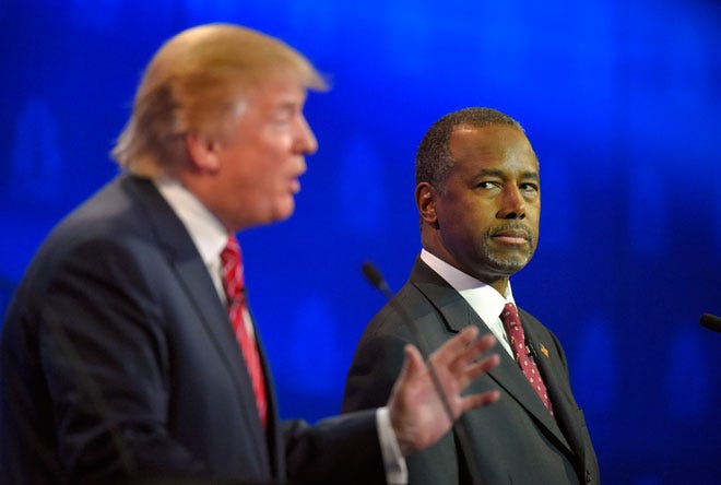 Presidential candidates Donald Trump, left, and Ben Carson have both been accused of stretching the truth.