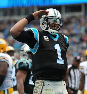 Cam Newton celebrates during Sunday's 37-29 Carolina Panthers win over the Green Bay Packers.