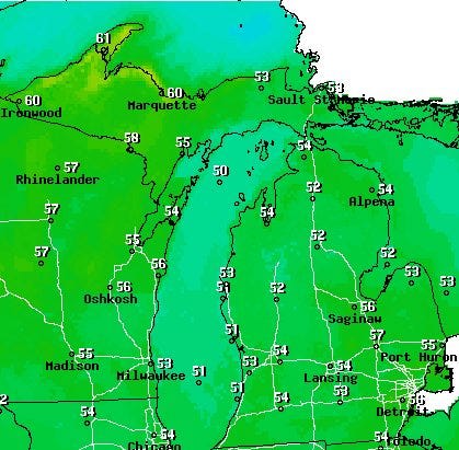 High temperatures for around the Great Lakes on Monday, Nov. 9. National Weather Service