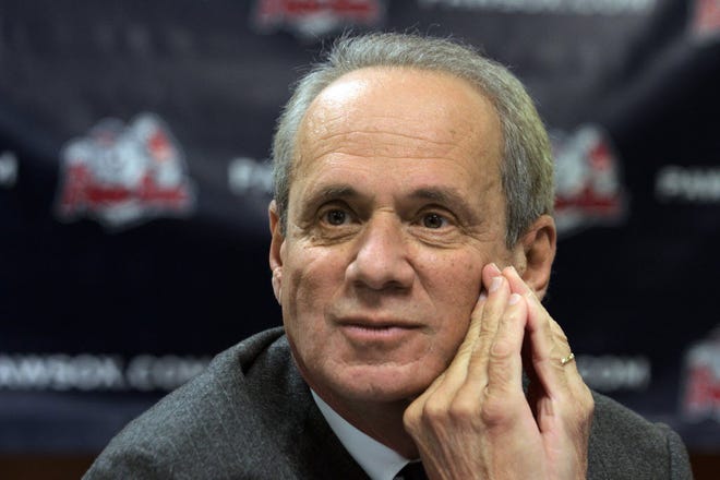 PawSox Chairman Larry Lucchino speaks at Monday's press conference in Pawtucket.