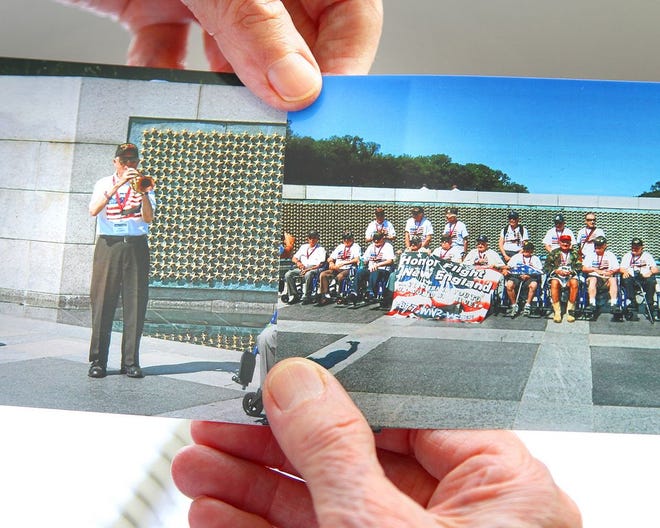 Paul Warren, nearly 90, of Weymouth, former music director for Weymouth public schools, made an Honor Flight to the WWII Memorial in Washington last summer and was asked to play Taps for the ceremony honoring WWII veterans. His son Paul, from Texas, went with him and took these photos of that moment.