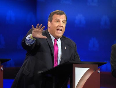 New Jersey Gov. Chris Christie makes a point during the CNBC Republican presidential debate at the University of Colorado, Wednesday, Oct. 28, 2015, in Boulder, Colorado.