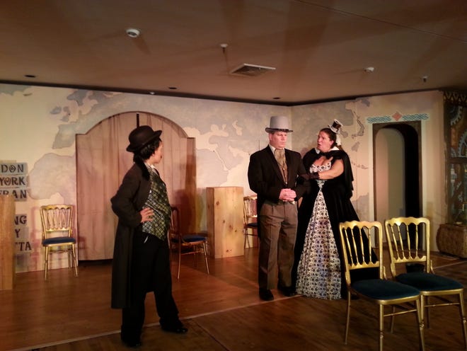 Dominique Grant (of Providence/Middleboro) as Detective Fix is determined to capture and arrest suspected bank robber Jeff Kent (of Abington) as Phileas T. Fogg, with Lisa Beausoleil (of Middleboro) as Aouda the Indian Princess in "Around the World in Eighty Days." Submitted.
