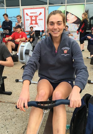 Hingham High graduate Sadie McGirr broke the indoor rowing World Record in the 17-18 year old heavyweight category with a time of 1:25:40.2 at the Hingham High Crew Ergathon this past Saturday. COURTESY PHOTO/ Dana Donnelly