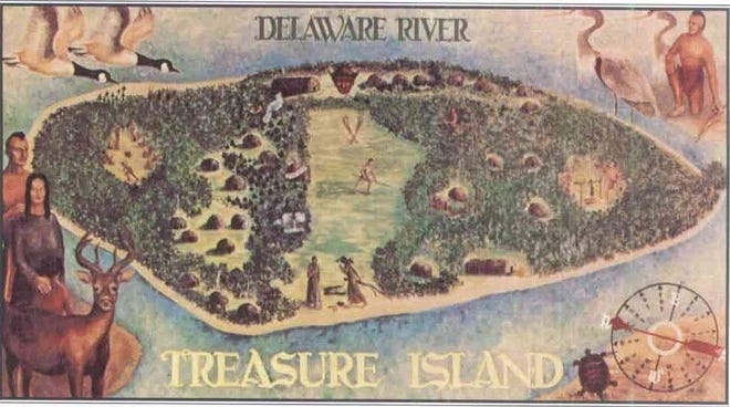 Idealized poster of the island as a summer encampment for Boy Scouts.