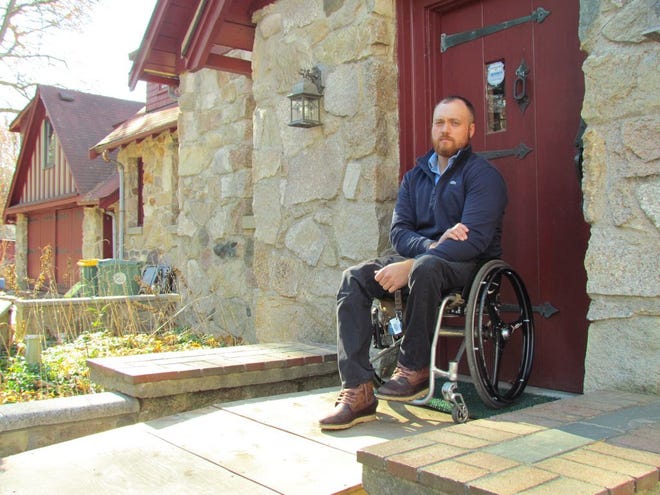 Abington Veterans Agent James Crosby, 31, just bought a new home in town, and he needs an elevator to get up and down the stairs. An effort is in the works to raise the money to build it.