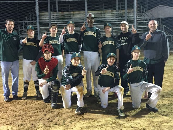 The Seneca War Eagles 14U team won the championship in the Tri-State Elite fall baseball league, earning the title with an 8-1 win over the South Jersey Titans of Deptford. Team members are (front, from left) Nick Ettore, Malin Jasinski, Chase Cooper, Cam Allen, (back) assistant coach Jody Willitts, Jimmy Crew, Ryan Monaco, Jake Bruno, John Williams, Darren Ambrose, head coach Mark Jasinski and assistant coach Tim Ambrose. Absent from photo is Johnny Kennevan.