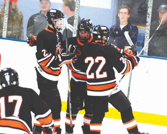 Cheboygan players (from left) Craig Bongard, Adam Jeannotte and Zach Stempky celebrate a Stempky goal late in the first period against Petoskey on Wednesday.