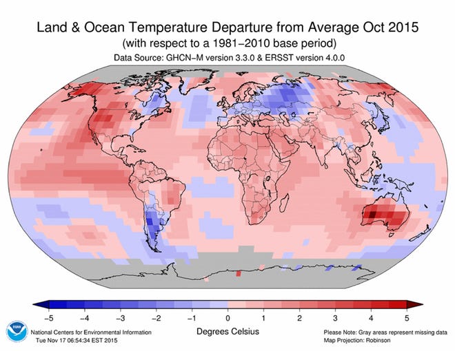 This graphic provided by National Oceanic and Atmospheric Administration (NOAA) shows land and ocean temperatures for October 2015. Even for a record breaking hot year for Earth, October stood out as absurdly warm. The hottest October on record by a third of a degree over the old mark, a large margin for weather records.