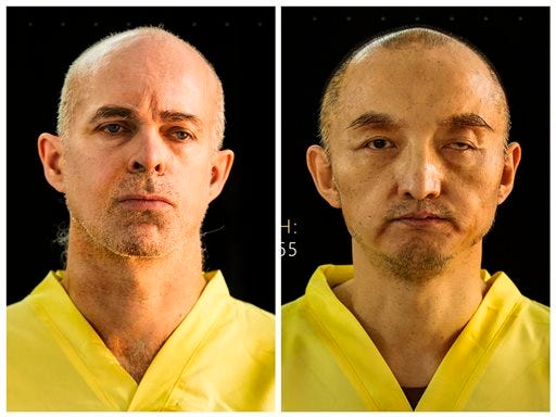 FILE - This file combination of undated photos taken from the Islamic State group's online magazine Dabiq purports to show Ole Johan Grimsgaard-Ofstad, 48, from Oslo, Norway, left, and Fan Jinghui, 50, from Beijing, China. The Islamic State group said Wednesday, Nov. 18, 2015, that it has killed captives Grimsgaard-Ofstad and Jinghui after earlier demanding ransoms for the two men. (Dabiq via AP, File)