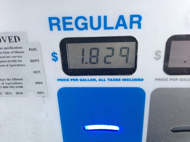 Regular-grade gasoline is shown for sale at $1.829 at the MotoMart, 610 South Grand Ave. E., on Wednesday, Nov. 18, 2015. SJ-R