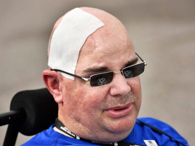 Air Force veteran John Goubeaux tries out a bike Thursday, November 19, 2015 at the Sawgrass Marriott in Ponte Vedra Beach, Florida. Riders were getting fitted for bikes in preparation for the Wounded Warrior Soldier Rides beginning Friday. Goubeaux is wearing a lidocaine patch because of a head wound he suffered while working in the Air Force.