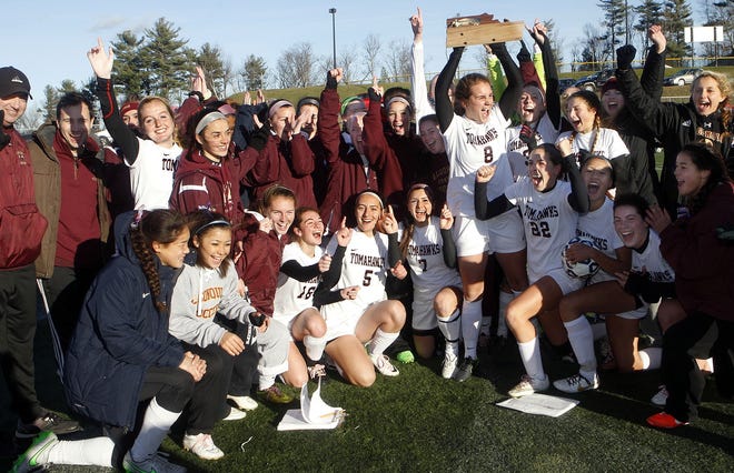 Members of the Algonquin girls soccer team celebrate after the Tomahawks defeated Wachusett 3-2 last Saturday to win the Division 1 Central Sectional title. Algonquin, which defeated Minnechaug 2-1 in the state semifinals Tuesday, will play Needham this weekend for the state championship. Wicked Local Staff Photo/Marshall Wolff