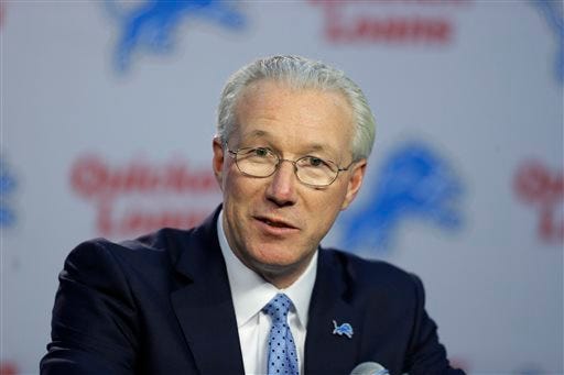 RETRANSMISSION TO CORRECT NAME FROM RON WOOD TO ROD WOOD - Detroit Lions President Rod Wood addresses the media, Friday, Nov. 20, 2015, in Allen Park, Mich. Wood, 55, will oversee the Lions business operations. Earlier this month, owner Martha Ford fired team president Tom Lewand and general manager Martin Mayhew after the team's 1-7 start. (AP Photo/Carlos Osorio)