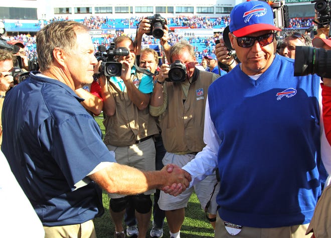 Coach Bill Belichick, left, and the Patriots have often held the upper hand against Bills coach Rex Ryan. AP file photo