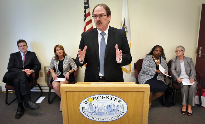 Raymond Mariano, executive director of the Worcester Housing Authority, center, speaks during a press conference announcing "A Better Life" May 5 at Elm Park Tower Apartments in Worcester. In the background, from the left, are Jay Ash, the state's secretary of Housing and Economic Development, Lt. Gov. Karyn Polito, Chrystal Kornegay, undersecretary of the state's Department of Housing and Community Development, and Janice B. Yost, president of The Health Foundation of Central Massachusetts. T&G File Photo/Paul Kapteyn